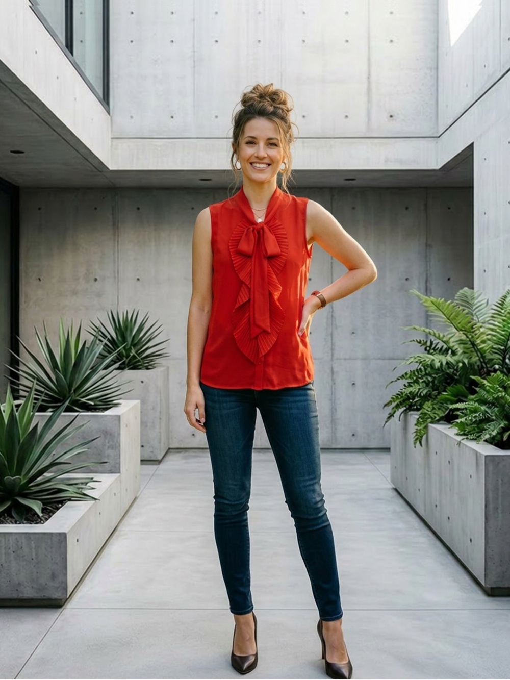 Calvin Klein Red Ruffle Tie-Front Sleeveless Top